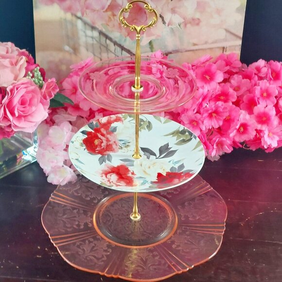 Handmade 3 Tier Pink Depression Glass & Ceramic Floral Dessert Stand - Picture 1 of 10